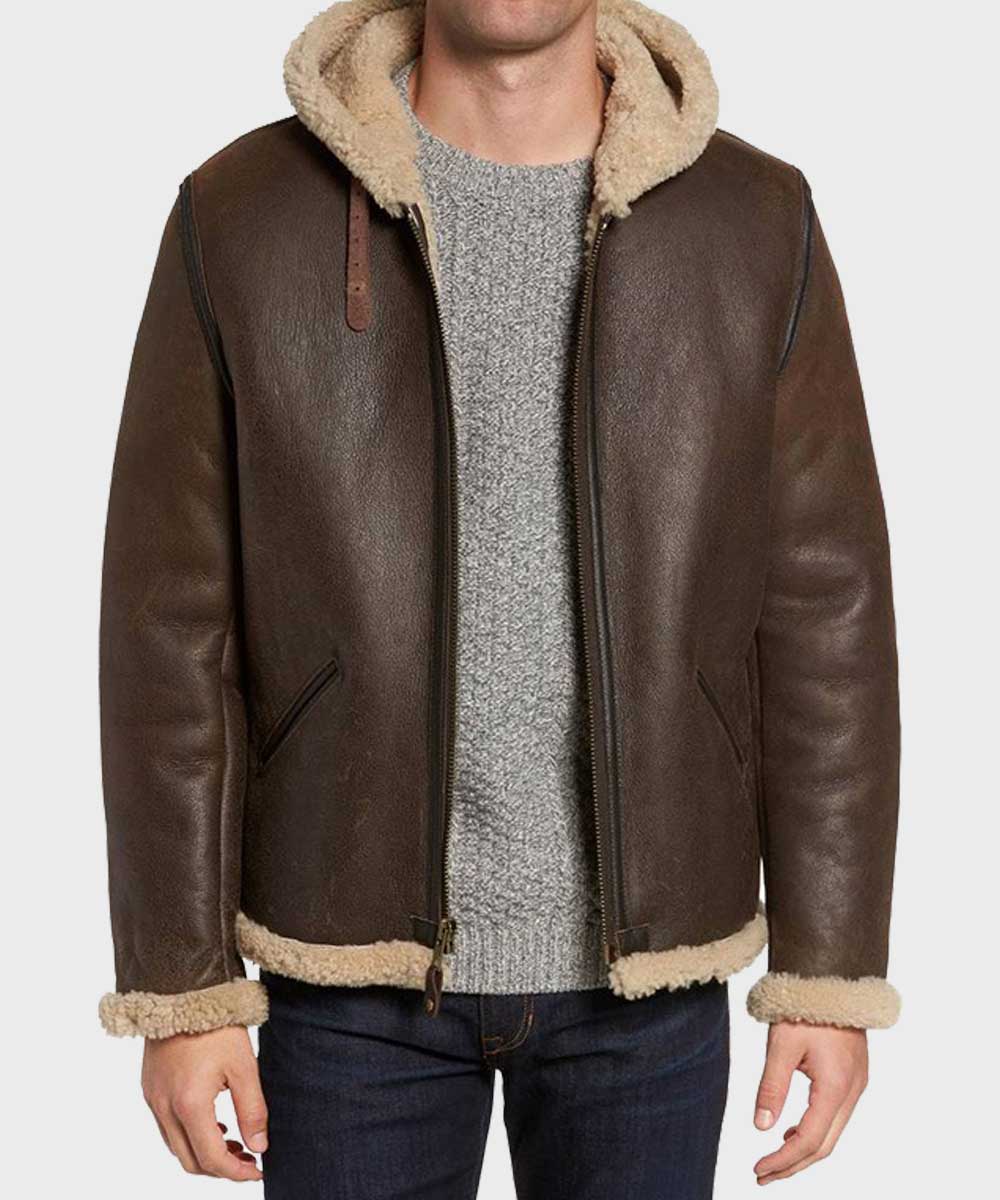 Mens Dark Brown Hooded B6 Shearling Jacket Jacket men front product view | Dash Racegear — Mens Shearling B6 Hooded Leather Jacket