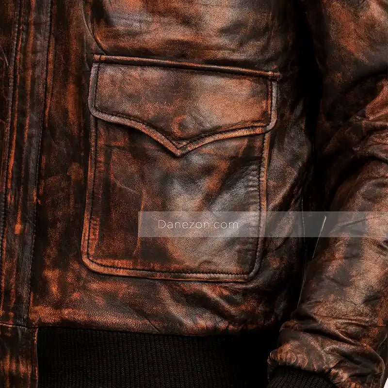 Mens Distressed Brown Bomber Leather Jacket Bomber Jacket men detail view 4 | Dash Racegear — Brown Bomber Mens Distressed Leather Jacket