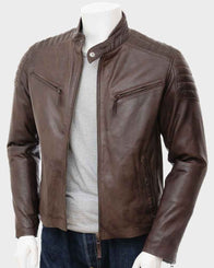 Mens Brown Leather Jacket Biker Jacket men front product view | Dash Racegear — Mens Biker Style Brown Leather Jacket