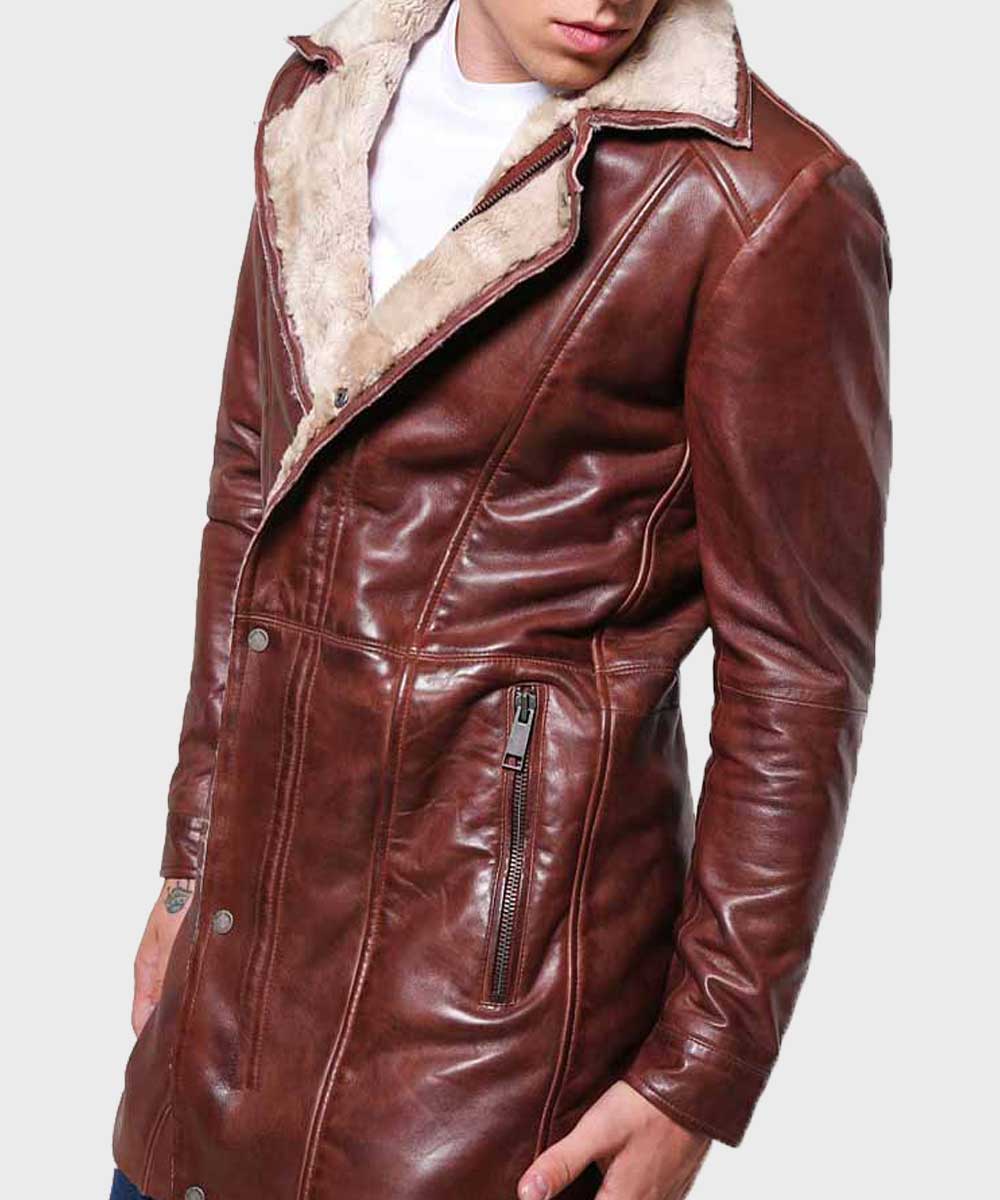 Mens Mid-Length Brown Shearling Leather Coat Coat men detail view 2 | Dash Racegear — Mens Shearling Brown Leather Coat
