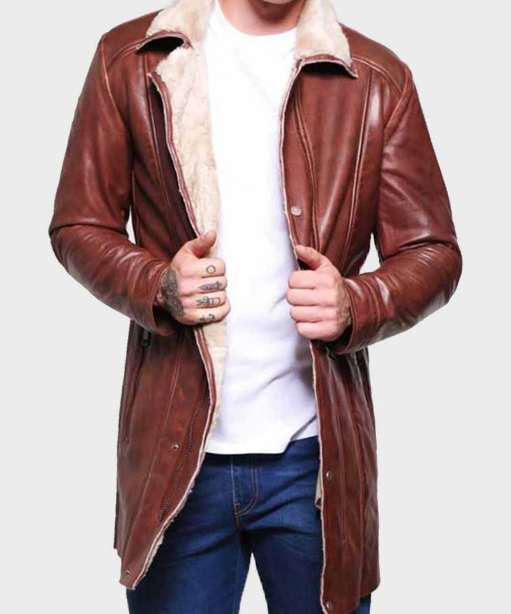 Mens Mid-Length Brown Shearling Leather Coat Coat men front product view | Dash Racegear — Men's Mid-Length Brown Shearling Leather Coat
