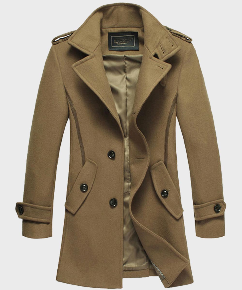 Mens Brown Mid-Length Wool Coat Coat men front product view | Dash Racegear — Men's Fashion Style Brown Mid-Length Wool Coat