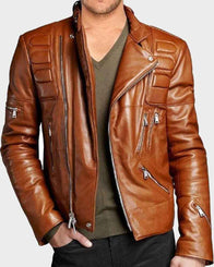 Mens Brown Padded Motorcycle Leather Jacket Biker Jacket men front product view | Dash Racegear — Mens Slim fit Padded Brown Motorcycle Leather Jacket
