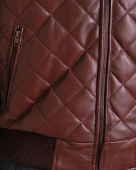 Mens Brown Quilted Leather Jacket Bomber Jacket men detail view 2 | Dash Racegear — Mens Quilted Brown Bomber Jacket