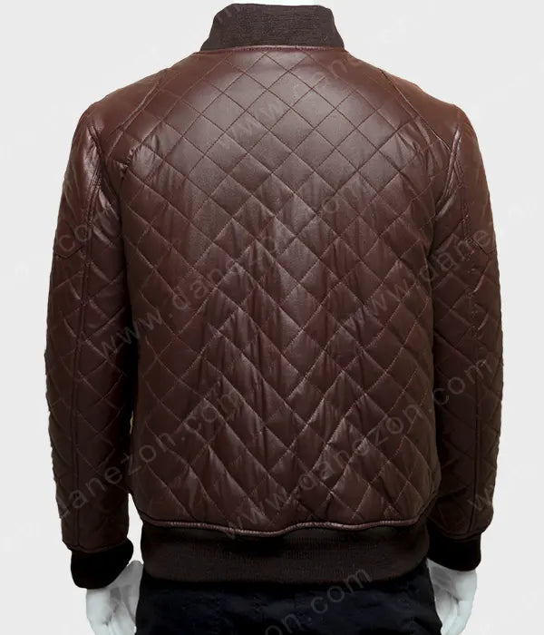 Mens Brown Quilted Leather Jacket Bomber Jacket men detail view 4 | Dash Racegear — Mens Brown Leather Quilted Jacket