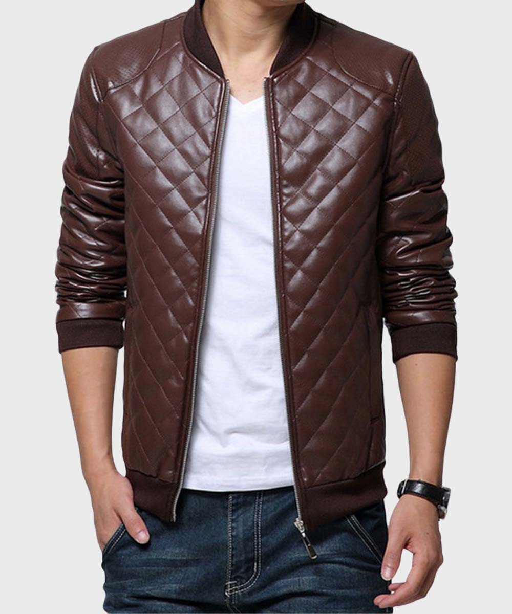 Mens Brown Quilted Leather Jacket Bomber Jacket men front product view | Dash Racegear — Mens Quilted Brown Bomber Leather Jacket