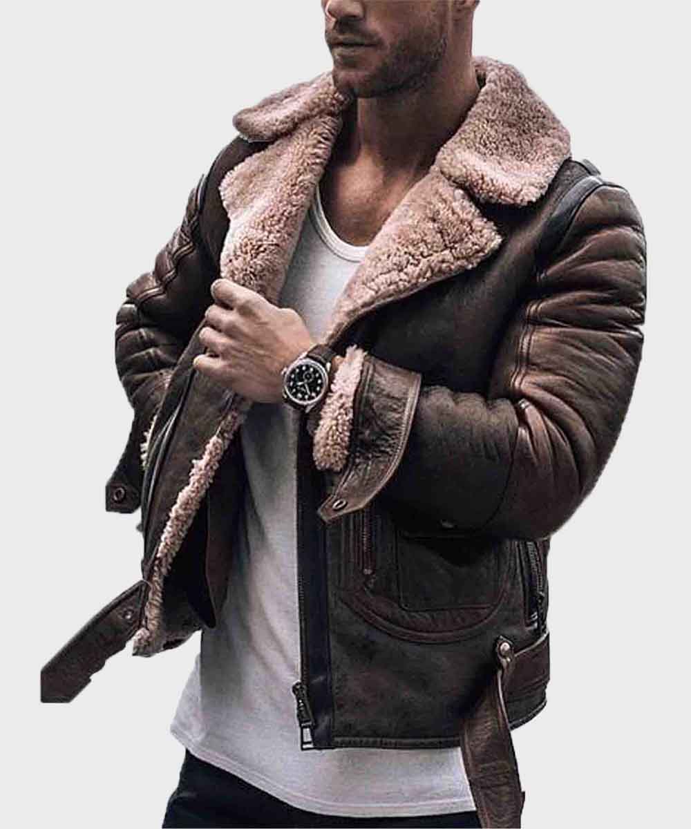 Mens Brown Shearling Distressed Sheepskin Leather Jacket Leather Jacket men front product view | Dash Racegear — Mens Shearling Distressed Sheepskin Brown Leather Jacket