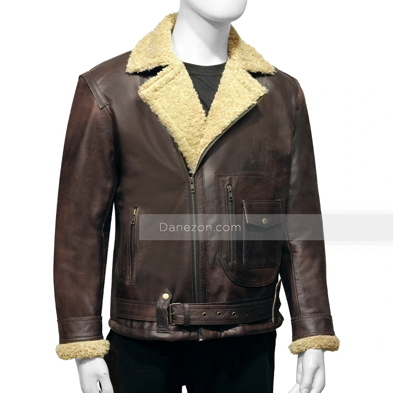 Mens Brown Shearling Distressed Sheepskin Leather Jacket Leather Jacket men detail view 4 | Dash Racegear — Brown sheep skin distressed leather mens jacket