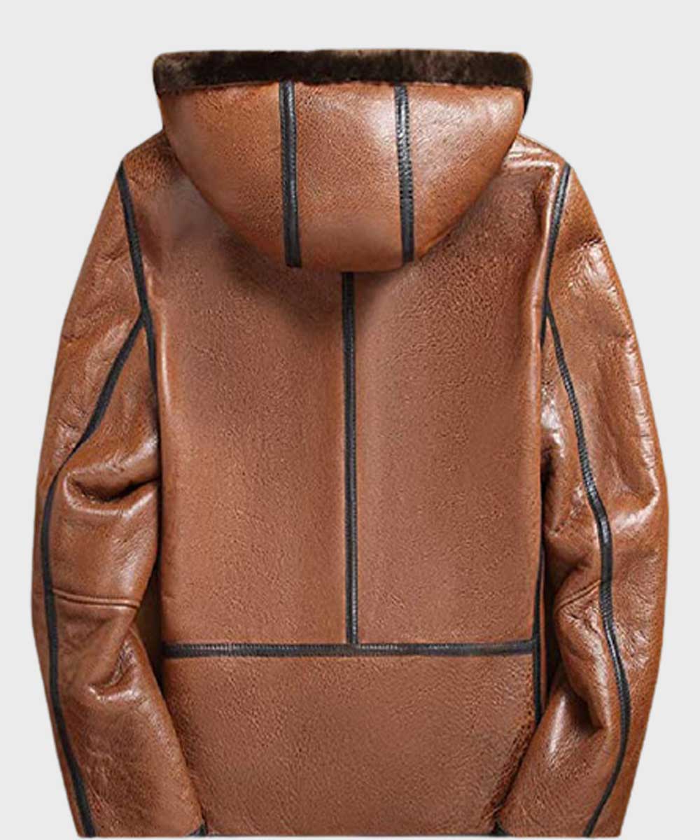 Mens Shearling Brown Sheepskin Leather Jacket Leather Jacket men detail view 2 | Dash Racegear — Mens Sheepskin Shearling Brown Leather Hooded Jacket