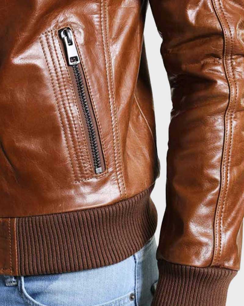Mens Bomber Shining Brown Leather Jacket Bomber Jacket men detail view 2 | Dash Racegear — Shining Brown Mens Bomber Jacket