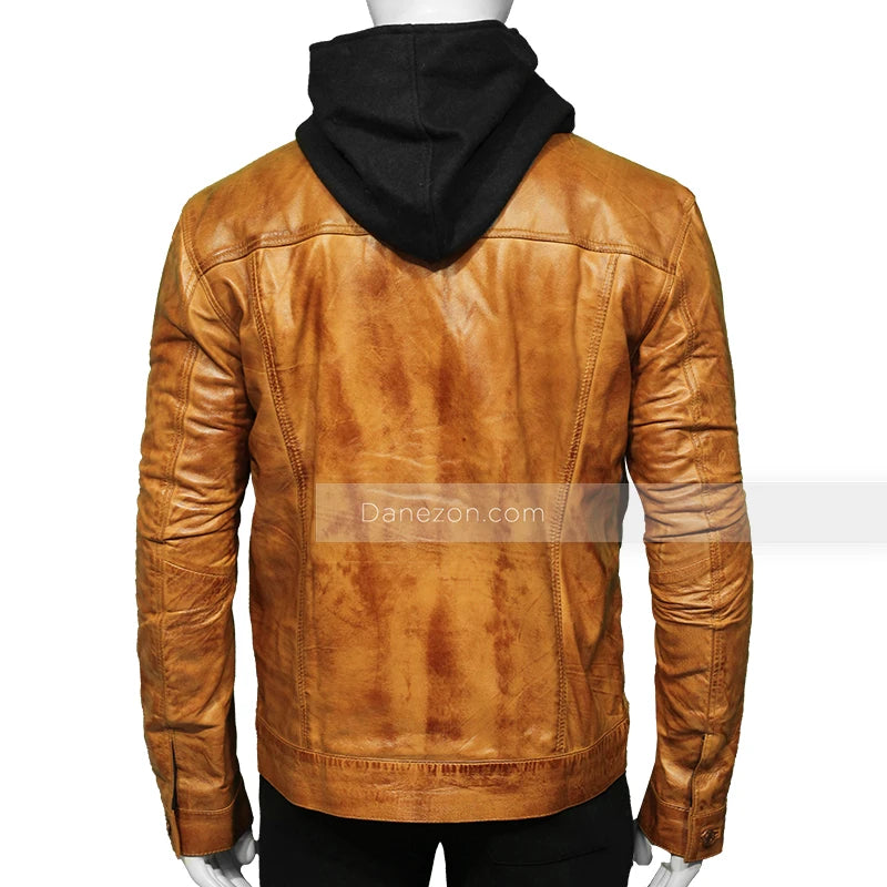 Mens Shirt Style Brown Hooded Leather Jacket Leather Jacket men detail view 3 | Dash Racegear — Brown Hooded Shirt Style Leather Jacket for mens