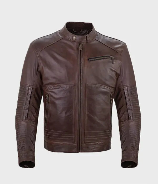 Mens Slim Fit Brown Padded Leather Jacket Leather Jacket men front product view | Dash Racegear — Mens Brown Cafe Racer Chocolate Leather Jacket