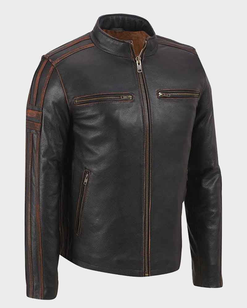 Mens Brown Stripe Cafe Racer Jacket Jacket men front product view | Dash Racegear — Café Racer Brown Stripe Mens Biker Leather Jacket