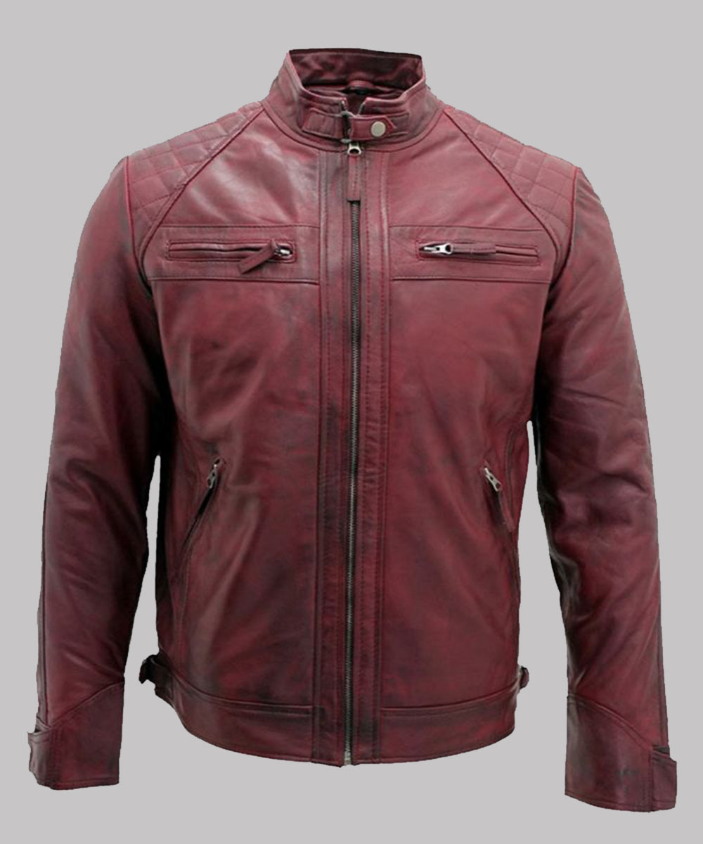 Men’s Burgundy Leather Jacket Biker Jacket men front product view | Dash Racegear — Men's Burgundy Distressed Leather Jacket