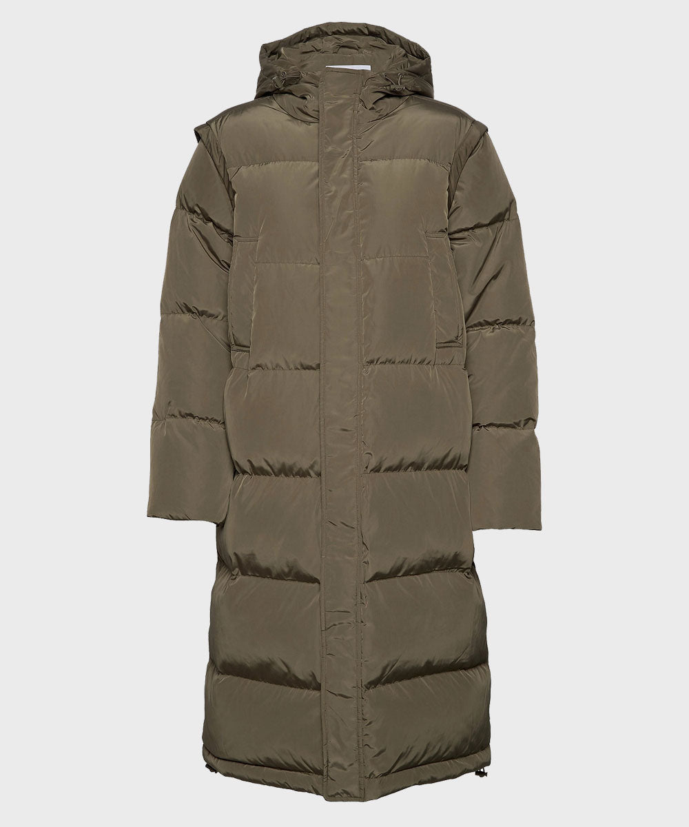 Mens Burnt Olive Long Coat Jacket men front product view | Dash Racegear — Mens Hooded Puffer Long Coat