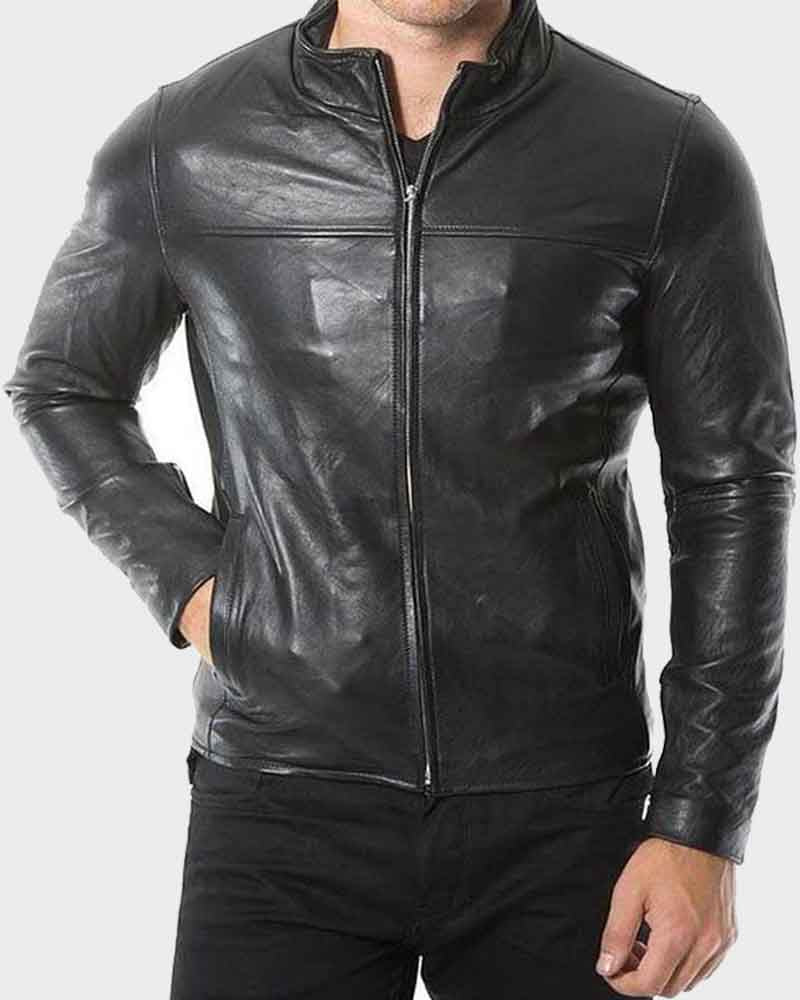 Mens Café Racer Black Plain Leather Jacket Leather Jacket men front product view | Dash Racegear — Mens Plain Black Café Racer Leather Jacket