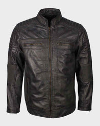 Mens Cafe Racer Grey Waxed Biker Leather Jacket Biker Jacket men front product view | Dash Racegear — Mens Café Racer Shoulder Padded Grey Waxed Biker Leather Jacket