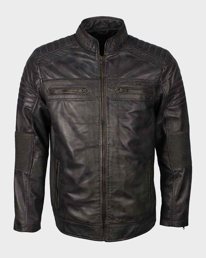 Mens Cafe Racer Grey Waxed Biker Leather Jacket Biker Jacket men front product view | Dash Racegear — Mens Café Racer Shoulder Padded Grey Waxed Biker Leather Jacket