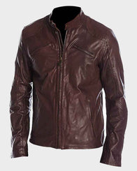 Mens Café Racer Maroon Jacket Biker Jacket men front product view | Dash Racegear — Mens Café Racer Maroon Biker Leather Jacket