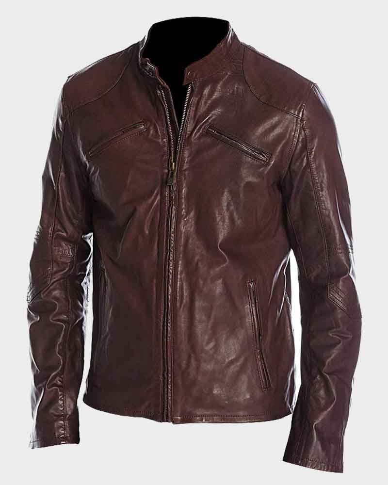 Mens Café Racer Maroon Jacket Biker Jacket men front product view | Dash Racegear — Mens Café Racer Maroon Biker Leather Jacket