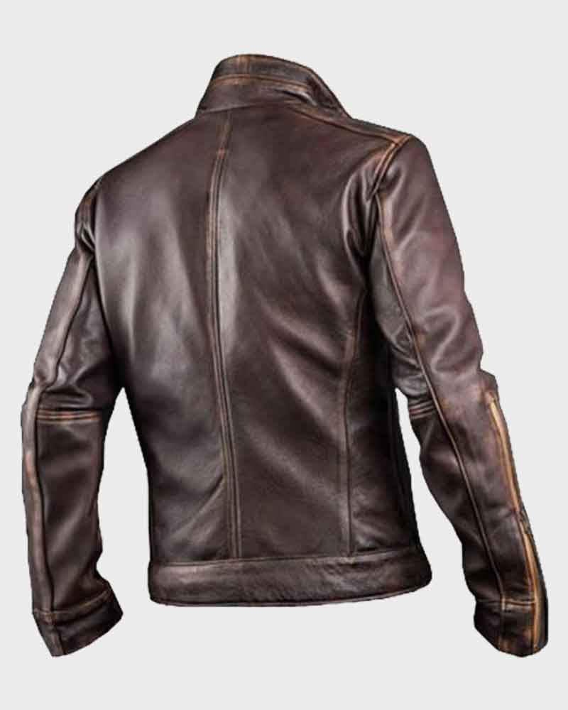 Mens Cafe Racer Style Brown Leather Jacket Leather Jacket men detail view 2 | Dash Racegear — Mens Cafe Racer Style Brown Leather Jacket