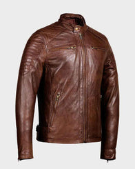 Mens Café Racer Zipper Pockets Distressed Brown Jacket Leather Jacket men front product view | Dash Racegear — Mens Café Racer Distressed Leather Brown Jacket