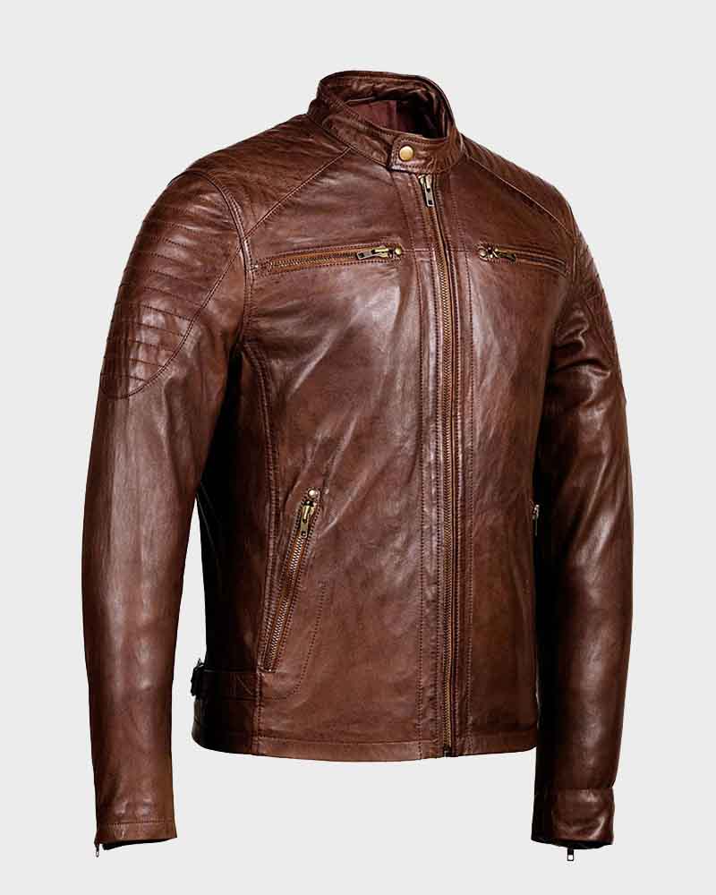 Mens Café Racer Zipper Pockets Distressed Brown Jacket Leather Jacket men front product view | Dash Racegear — Mens Café Racer Distressed Leather Brown Jacket