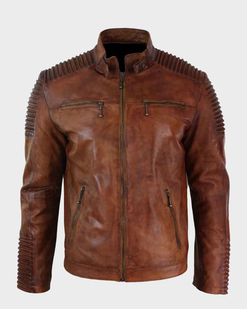 Mens Cafe Racer Brown Distressed Leather Jacket Biker Jacket men front product view | Dash Racegear — Mens Vintage Cafe Racer Brown Distressed Leather Jacket