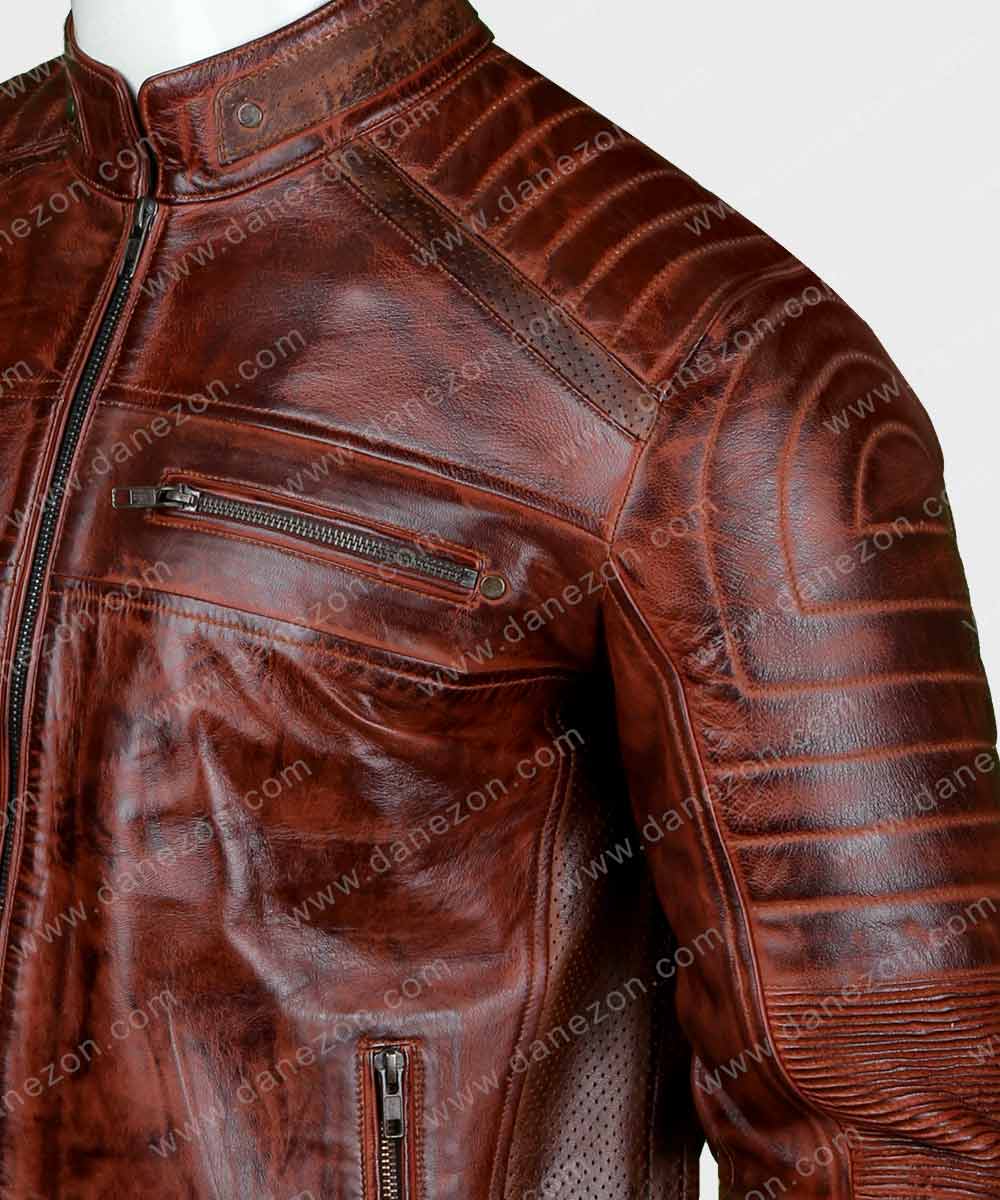 Mens Brown Cafe Racer Leather Jacket Biker Jacket men detail view 2 | Dash Racegear — Mens Brown Distressed Leather Cafe Racer Jacket