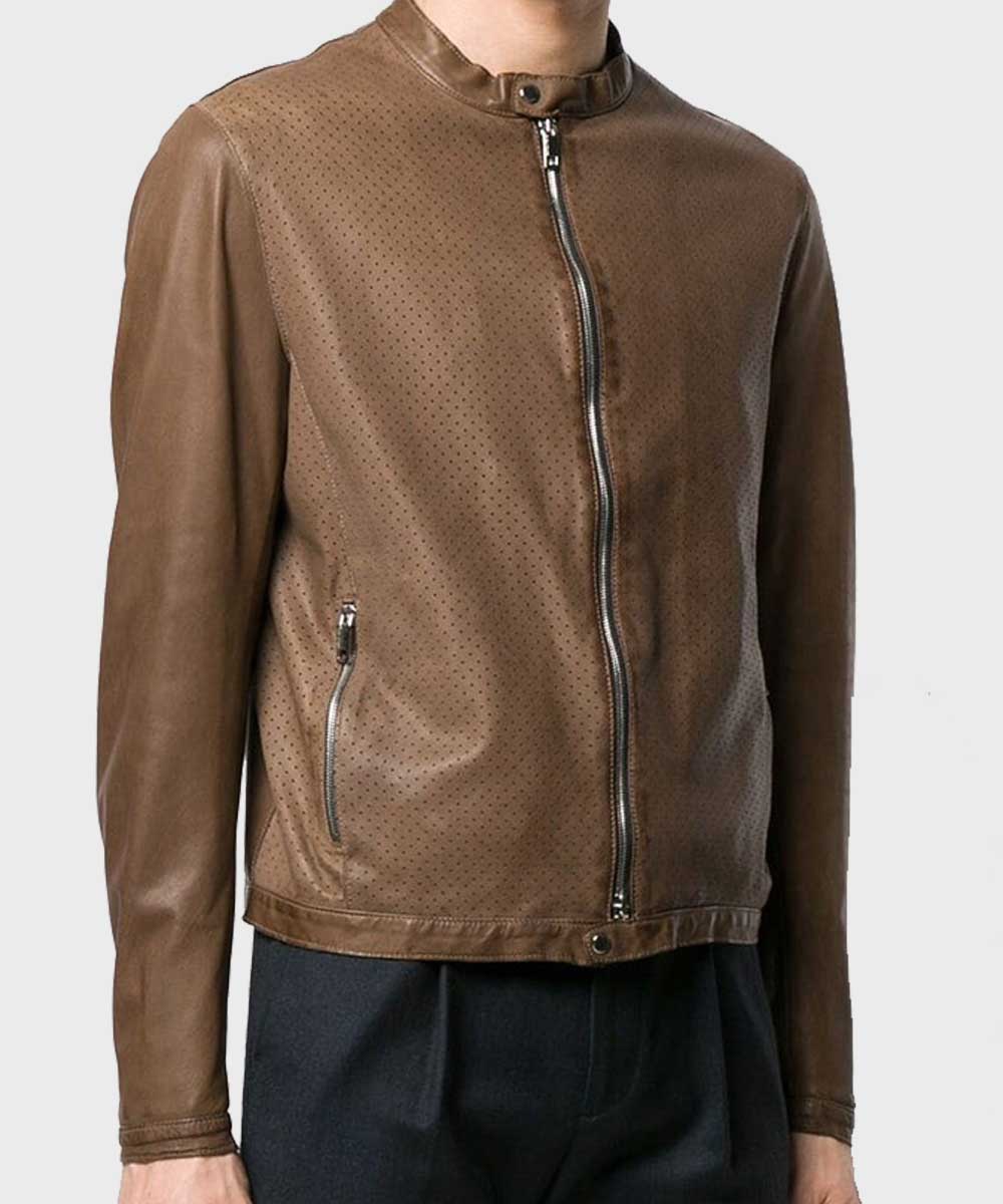 Mens Cafe Racer Brown Slimfit Biker Jacket Biker Jacket men front product view | Dash Racegear — Slimfit Brown Biker Mens Cafe Racer Jacket