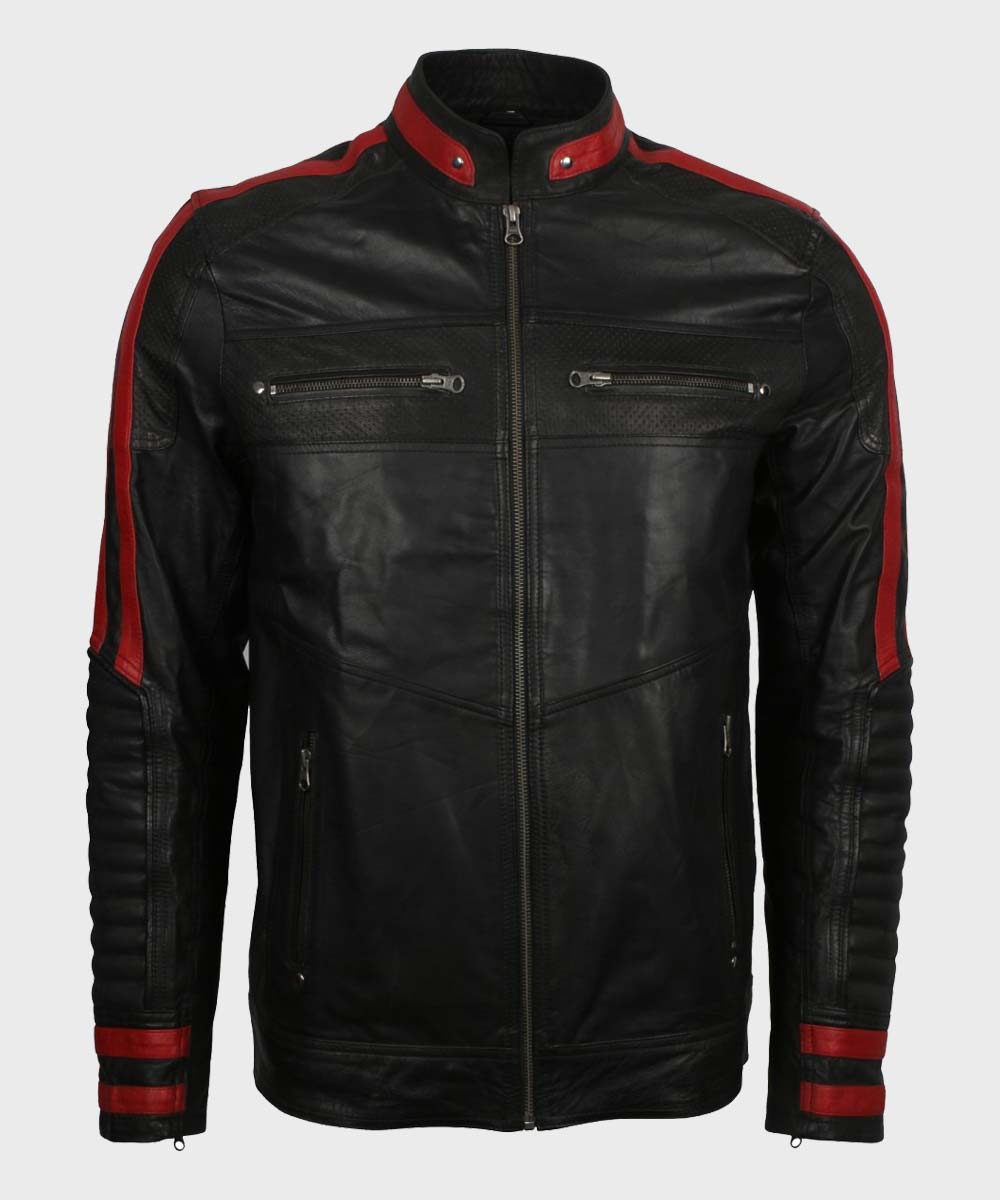 Mens Cafe Racer Red & Black Leather Jacket Biker Jacket men front product view | Dash Racegear — Mens Cafe Racer Leather Red & Black Jacket