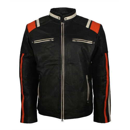 Mens Cafe Racer Striped Black Retro Biker Jacket Biker Jacket men detail view 4 | Dash Racegear — Mens Cafe Racer Striped Black Jacket