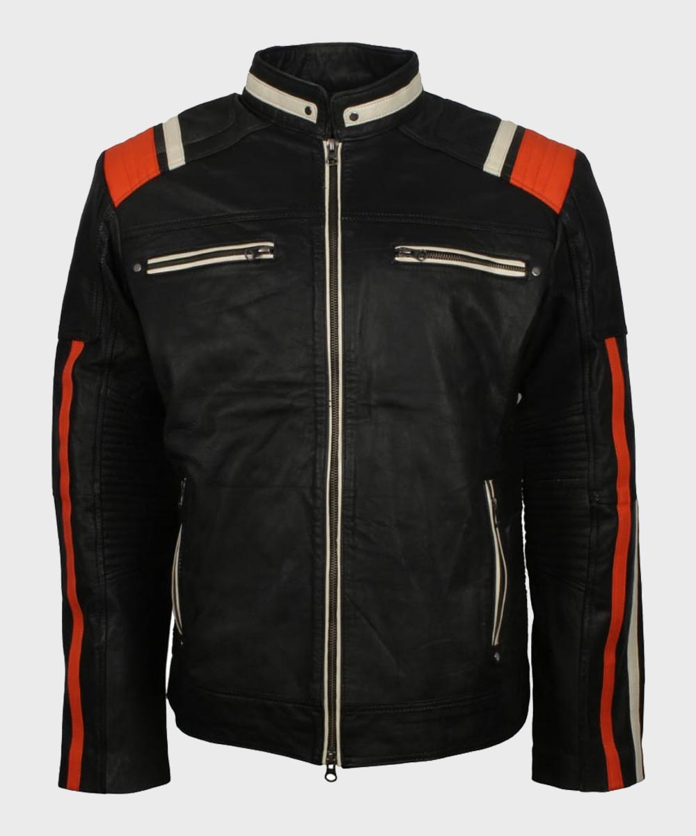 Mens Cafe Racer Striped Black Retro Biker Jacket Biker Jacket men front product view | Dash Racegear — Cafe Racer Black Retro Motorcycle Leather Jacket