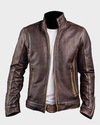 Mens Cafe Racer Style Brown Leather Jacket Leather Jacket men front product view | Dash Racegear — Mens Café Racer Stylish Distressed Leather Jacket