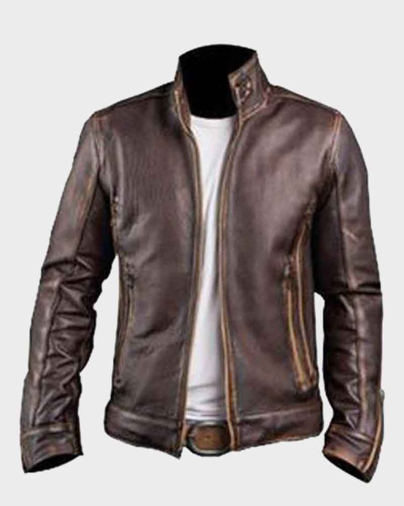 Mens Cafe Racer Style Brown Leather Jacket Leather Jacket men front product view | Dash Racegear — Mens Café Racer Stylish Distressed Leather Jacket