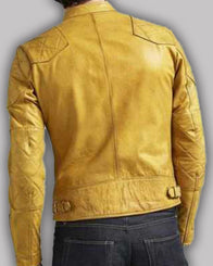 Mens Quilted Design Cafe Racer Yellow Leather Jacket Leather Jacket men detail view 3 | Dash Racegear — Mens Yellow Quilted Design Leather Jacket