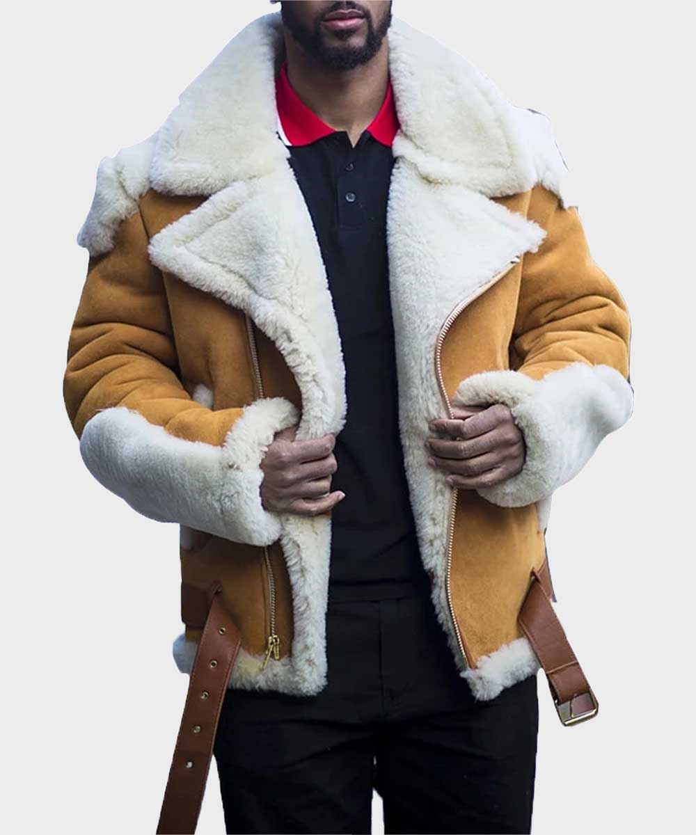 Mens Aviator Sheepskin Shearling Leather Jacket Leather Jacket men front product view | Dash Racegear — Mens Sheepskln Camel Shearling Jacket