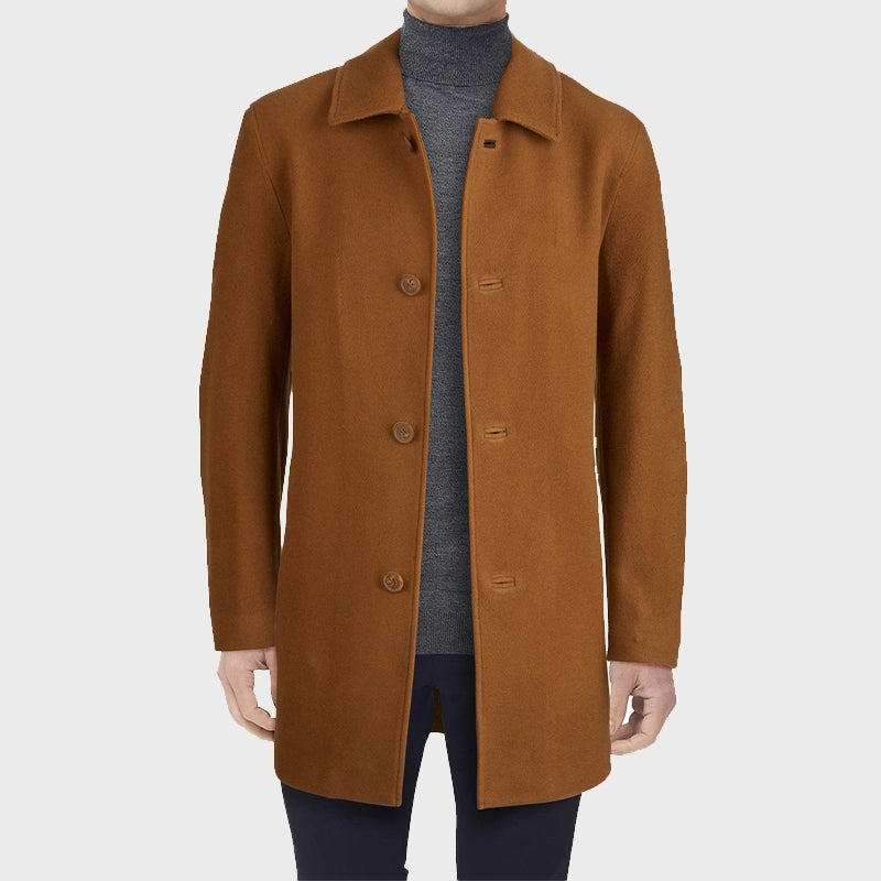 Mens Camel Wool Blend Coat Coat unisex front product view | Dash Racegear — Men Wool Blend Camel Spread Collar Trench Coat