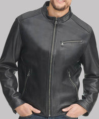 Mens Black Leather Stand-up Collar Jacket Jacket men detail view 2 | Dash Racegear — Mens Black Casual Leather Jacket