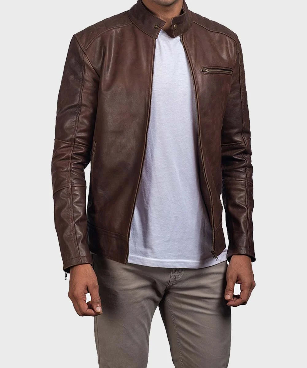 Casual Brown Mens Leather Jacket Biker Jacket men front product view | Dash Racegear — Mens-Casual-Brown-Leather-Jacket