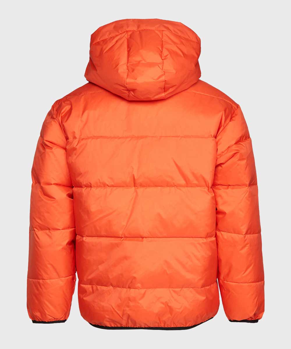 Mens Hooded Orange Puffer Jacket Puffer Jacket men detail view 3 | Dash Racegear — Mens Orange Winter Puffer Jacket