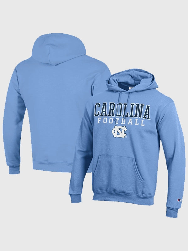 North Carolina Hoodie Hoodie unisex front product view | Dash Racegear — Men’s Champion Carolina Blue North Carolina Pullover Hoodie, soft fleece with bold Tar Heels logo for fan pride.