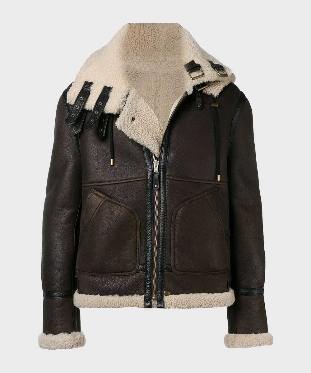 Mens Aviator Charcoal Grey Shearling Hooded Jacket Jacket men detail view 2 | Dash Racegear — Mens Sheepskin Shearling Charcoal Grey Hooded Jacket