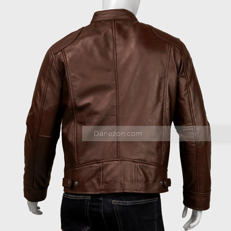 Mens Classic Brown Cafe Racer Leather Jacket Leather Jacket men detail view 5 | Dash Racegear — Classic Brown Leather Jacket Mens
