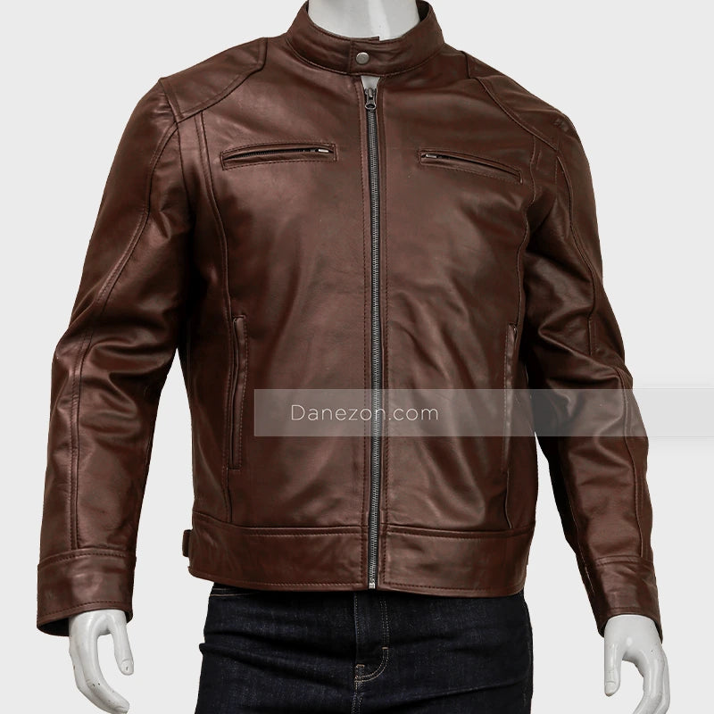 Mens Classic Brown Cafe Racer Leather Jacket Leather Jacket men front product view | Dash Racegear — Classic Brown Cafe Racer Leather Jacket