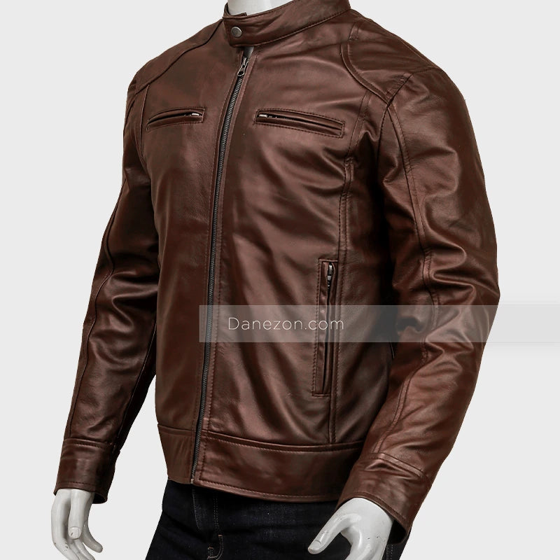 Mens Classic Brown Cafe Racer Leather Jacket Leather Jacket men detail view 4 | Dash Racegear — Classic Dark Brown Leather Jacket Mens