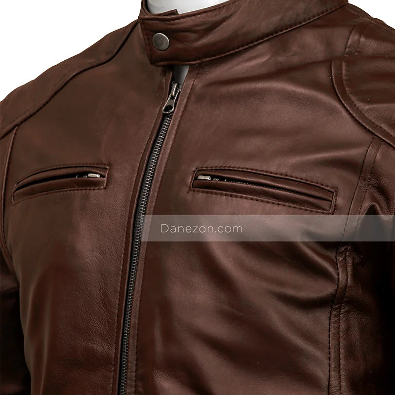 Mens Classic Brown Cafe Racer Leather Jacket Leather Jacket men detail view 2 | Dash Racegear — Dark Brown Slimfit Cafe Racer Jacket