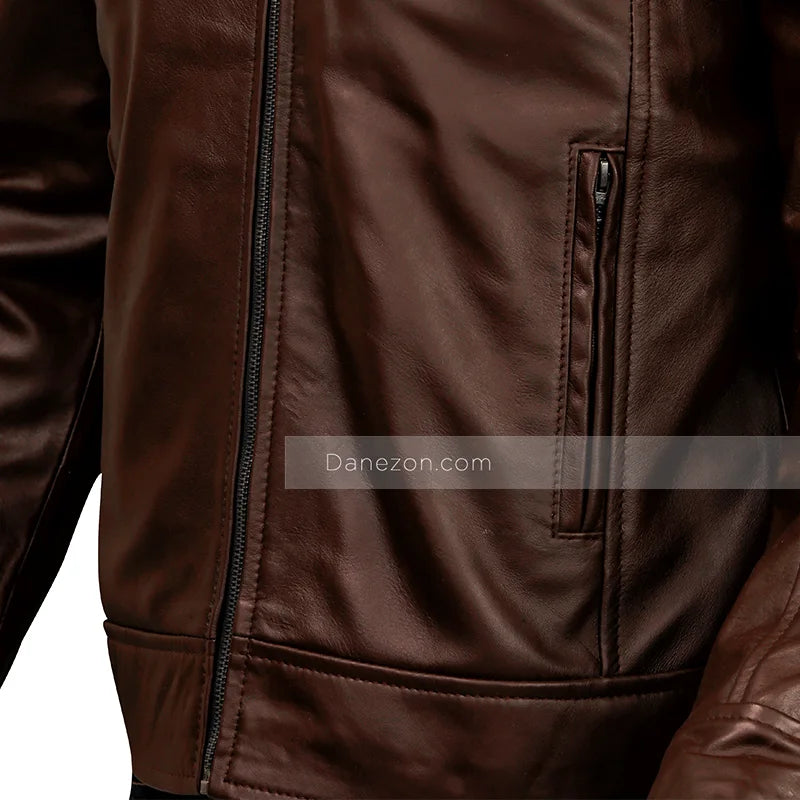 Mens Classic Brown Cafe Racer Leather Jacket Leather Jacket men detail view 3 | Dash Racegear — Classic Dark Brown Cafe Racer Leather Jacket