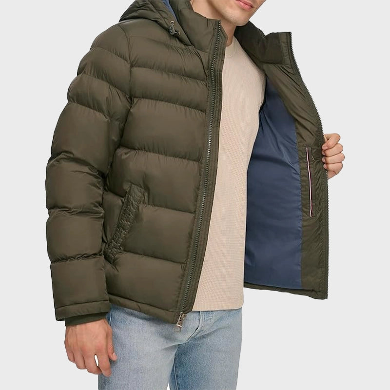 Men’s Olive Green Puffer Jacket Puffer Jacket unisex detail view 4 | Dash Racegear — Men's Olive Green Hooded Down Jacket
