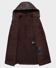 Mens Hooded Dark Brown Sheepskin Shearling Leather Coat Jacket men detail view 2 | Dash Racegear — Mens Sheepskin Shearling Brown Leather Coat